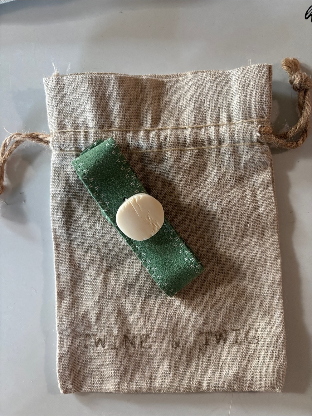 Twine & TwigGreen Leather Bracelet with Cream Stone